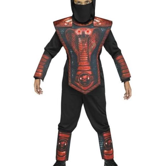 NEW 6pc Complete Red Cobra Ninja Halloween Costume W/ 5pc Ninja Knife Backpack - Picture 2 of 6
